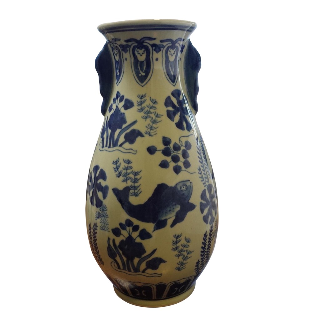 Blue and White Chinoiserie Fish Motif Ceramic Vase with Handles 11 Inch Tall